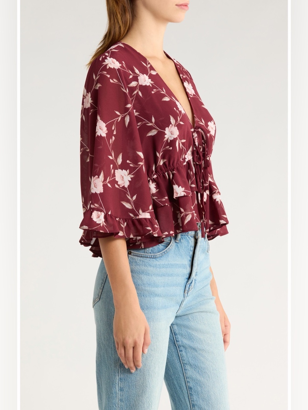 WAYF Free Spirit Floral Ruffle Top XS Burgundy Boho Romantic NWOT - Picture 3 of 10